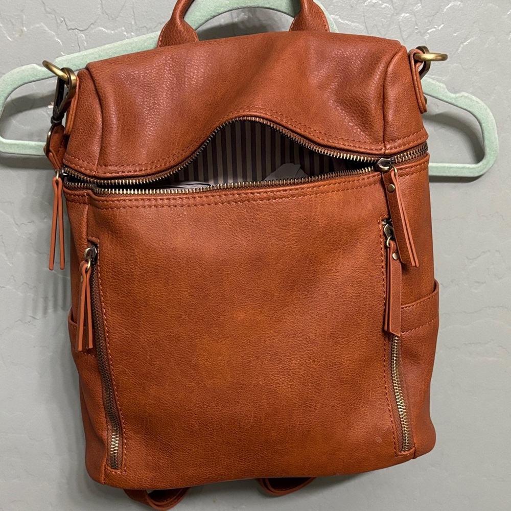 Rust Brown Leather Backpack with Front Zip Pockets
